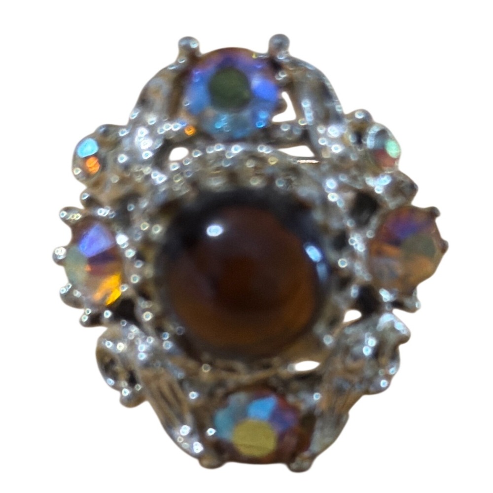 Vintage Style Amber Cabochon Aurora Borealis Ring  Silver Tone  Aprox Sz 6.5‎